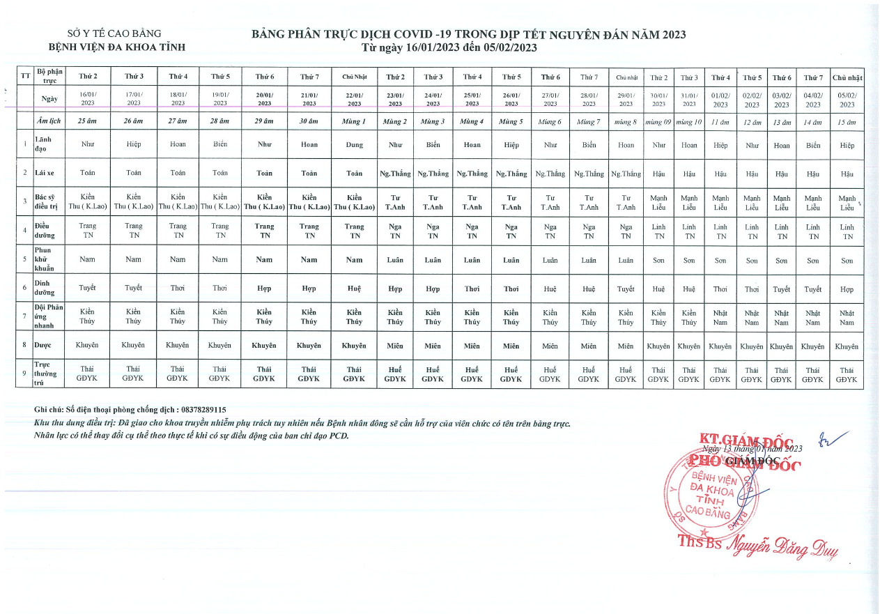 lịch trực dịch tết nguyên đán 2023