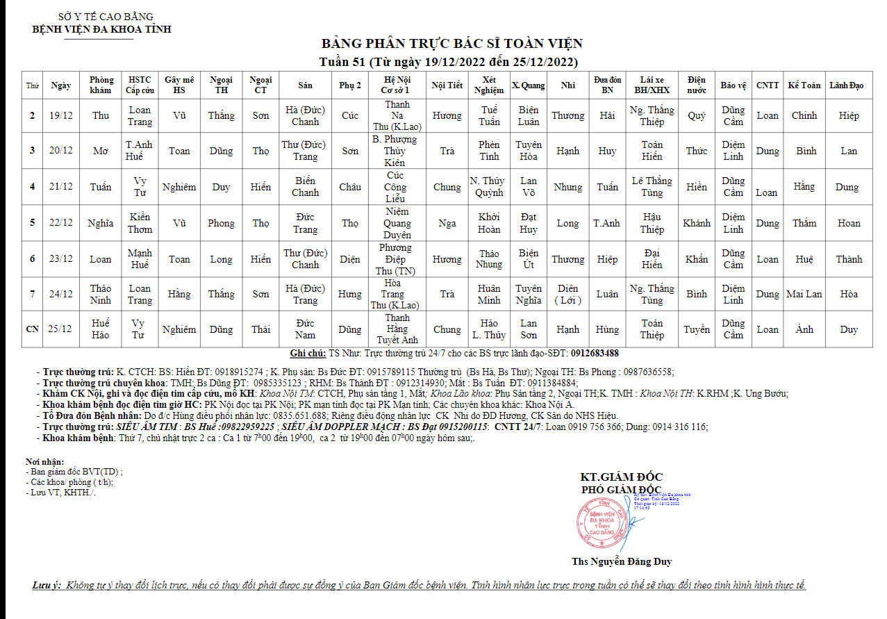 lịch trực tuần 51