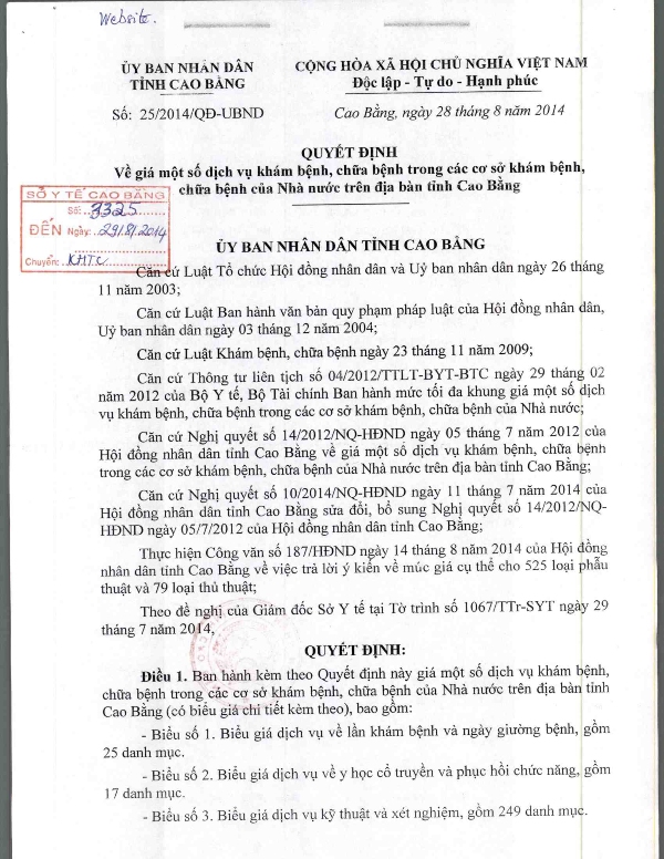 Quyết định về giá một số dịch vụ khám bệnh, chưa bệnh trong các cơ sở khám bệnh, chữa bệnh của Nhà nước trên địa bàn tỉnh Cao Bằng