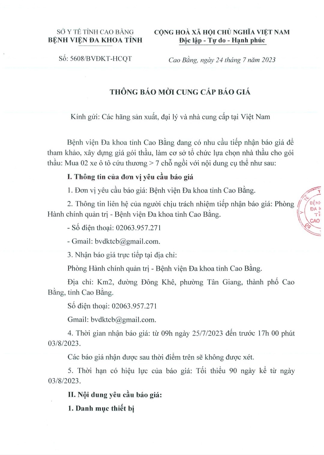 THÔNG BÁO MỜI CUNG CẤP BÁO GIÁ