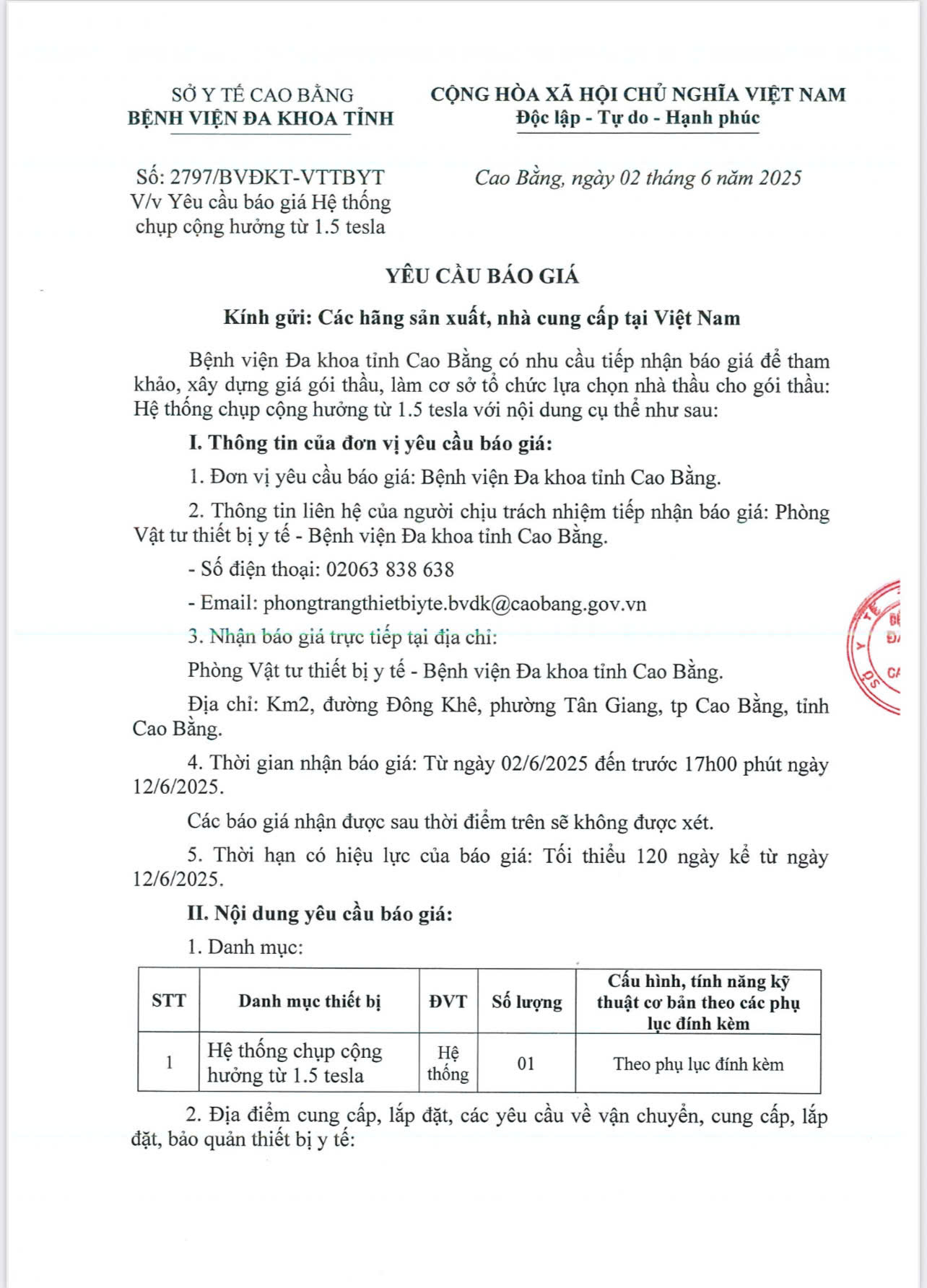 Yêu cầu báo giá hệ thống cộng hưởng từ 1.5 tesla